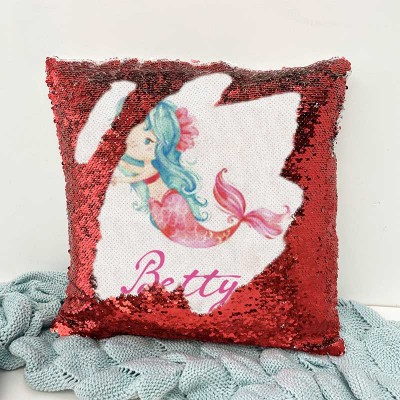 Cadeau d'anniversaire de fille de sirène d'oreiller rouge de nom de sequin personnalisé