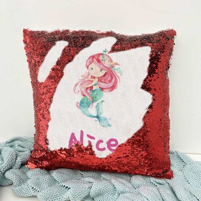Cadeau d'anniversaire de fille de sirène d'oreiller rouge de nom de sequin personnalisé