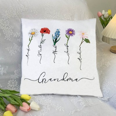 Custom Grandma Pillow With Kids' Names & Birth Month Flowers For Mother's Day