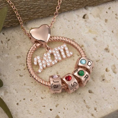 Collier pendentif cercle Rosefeels plaqué or rose 18 carats Linda avec perles nom gravées cadeau de naissance de maman