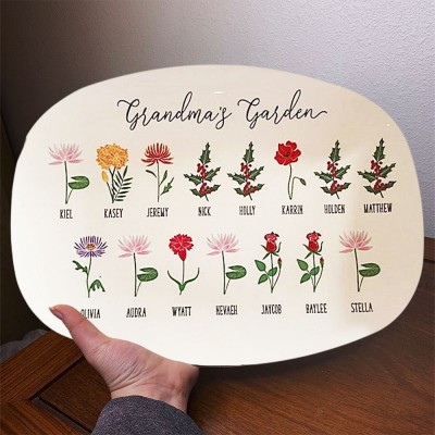 Plateau de fleurs personnalisé pour le mois de naissance du jardin de grand-mère avec les noms de petits-enfants
