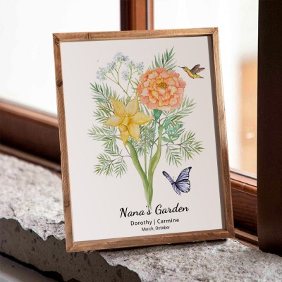 Bouquet de fleurs de naissance personnalisé dans le jardin de Nana, Art en bois avec nom des petits-enfants, pour noël, fête des mères