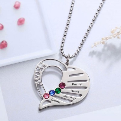 Collier Prénom Coeur avec 1-6 Pierres de Naissance