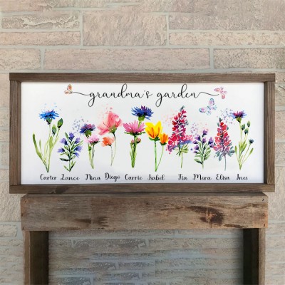 Cadre de jardin personnalisé de grand-mère avec noms de petits-enfants et fleur du mois de naissance pour la fête des mères