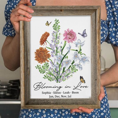 Panneau en bois personnalisé de bouquet de famille de fleurs de naissance avec des noms d’enfants