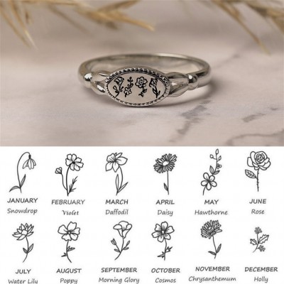 Cadeau personnalisé de bague de mois de fleur de naissance de famille pour elle