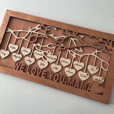 Nom de panneau en bois d'arbre généalogique personnalisé gravé décor à la maison pour la fête des mères