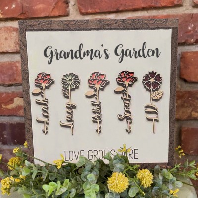 Cadre floral personnalisé du mois de naissance du jardin de grand-mère avec noms de petits-enfants pour la fête des mères