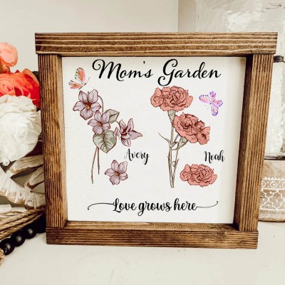 Cadre de jardin personnalisé pour maman avec nom des enfants et fleur du mois de naissance pour la fête des mères