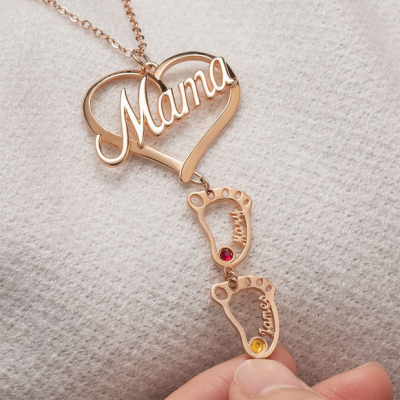  Collier de nom de pierres de naissance pendentif coeur de maman personnalisé avec 1-10 charmes de pieds de bébé creux