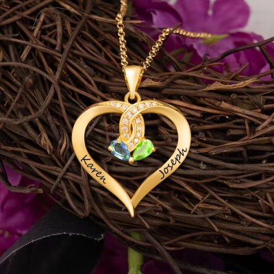 Collier personnalisé de noms de couple de coeur avec des cadeaux de Saint-Valentin de pierres de naissance