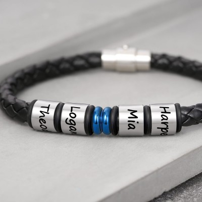 Bracelet en cuir noir personnalisé avec nom de tresse de 1 à 10 perles