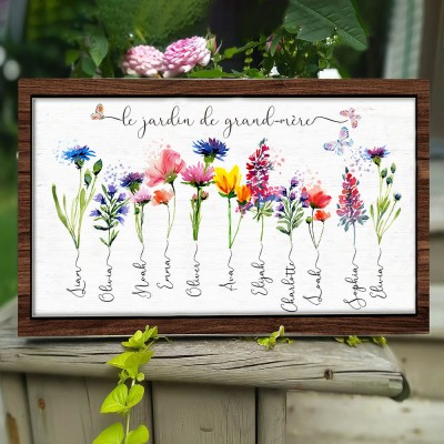 Panneau personnalisé avec cadre de jardin de grand-mère, avec noms de petits-enfants et fleur de naissance, cadeau unique pour la fête des mères