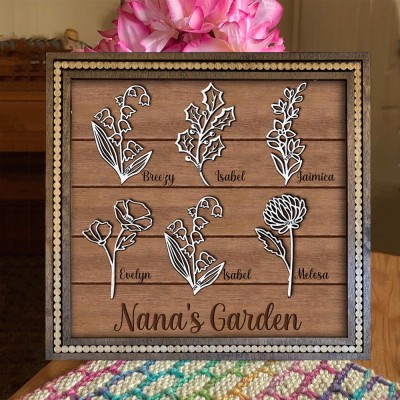 Cadre floral personnalisé du mois de naissance du jardin de grand-mère avec les noms des petits-enfants pour la fête des mères