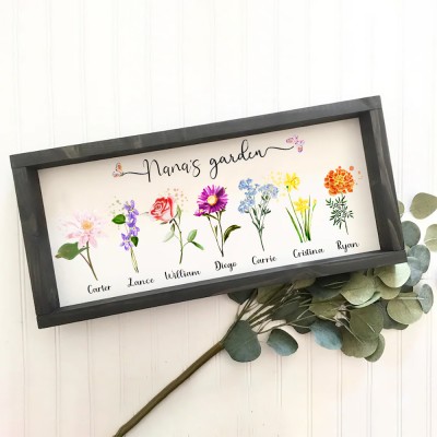 Panneau personnalisé avec cadre de jardin de Nana, avec noms de petits-enfants et fleur du mois de naissance pour la fête des mères