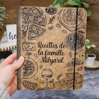 Livre de recettes en bois familial personnalisé pour des idées de cadeaux pour le jour de Noël