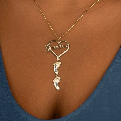 Colliers de nom gravés en forme de pieds de bébé coeur de grand-mère d'amour personnalisés avec 1-10 pendentifs