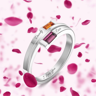 Bague de promesse de dérivation de baguette personnalisée double pour elle avec gravure