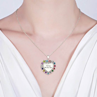 Collier de coeur d’argent de sterling avec 1-15 pierres de naissance pour grand-mère
