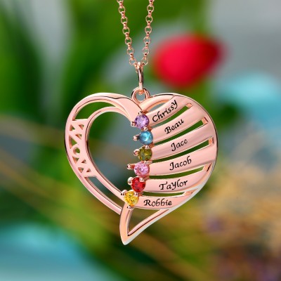 Collier Prénom Coeur avec 1-6 Pierres de Naissance