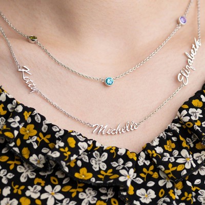 Collier de nom superposé avec pierres de naissance personnalisées avec 1 à 6 noms