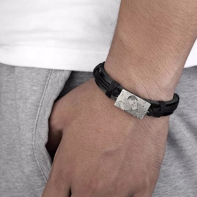 Bracelet en cuir noir avec étiquette gravée avec photo rectangulaire pour homme