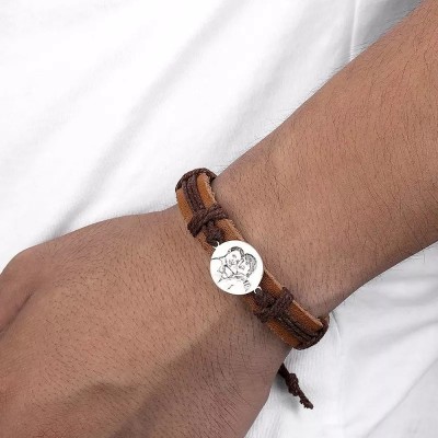 Bracelet en cuir marron pour homme avec étiquette gravée avec photo ronde