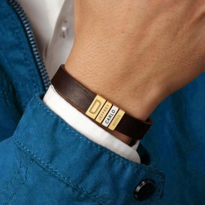 Bracelet personnalisé en cuir avec perle de gravure pour papa et enfants 1-11