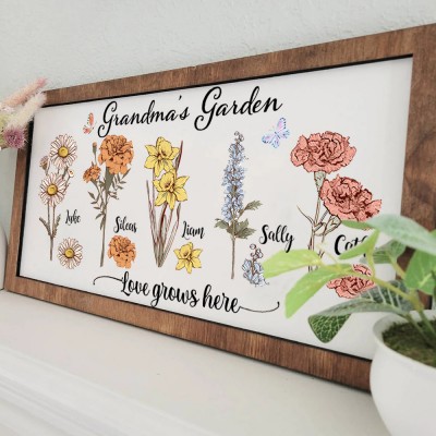 Cadre de jardin personnalisé pour grand-mère avec nom des petits-enfants et fleur du mois de naissance pour la fête des mères