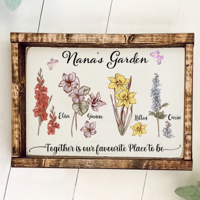 Cadre de jardin personnalisé de Nana avec le nom des petits-enfants et la fleur du mois de naissance pour la fête des mères