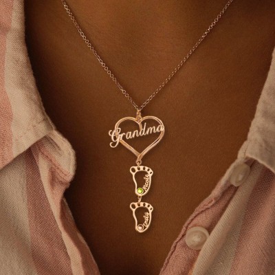 Collier personnalisé de nom de pierres de naissance de pendentif de coeur de grand-mère avec 1-10 breloques creuses de BabyFeet