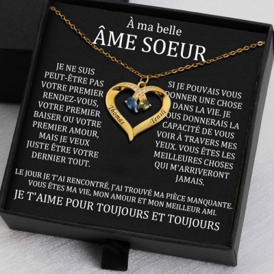 Collier personnalisé de noms de couple de coeur avec des cadeaux de Saint-Valentin de pierres de naissance