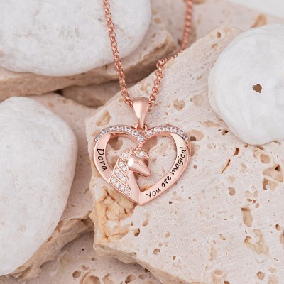 Collier Coeur Nom Licorne Personnalisé pour Petite Fille