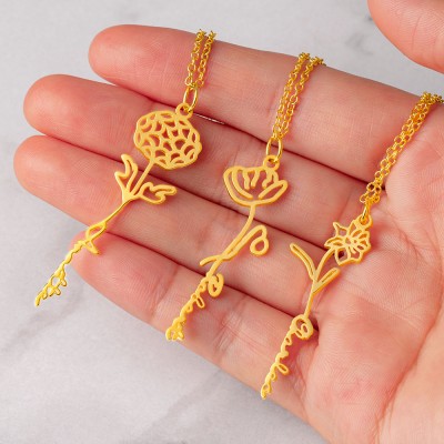 Collier Prénom Floral Personnalisé avec Fleur de Naissance Cadeau Pour Elle