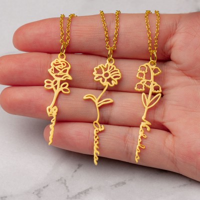 Collier Prénom Floral Personnalisé avec Fleur de Naissance Cadeau Pour Elle