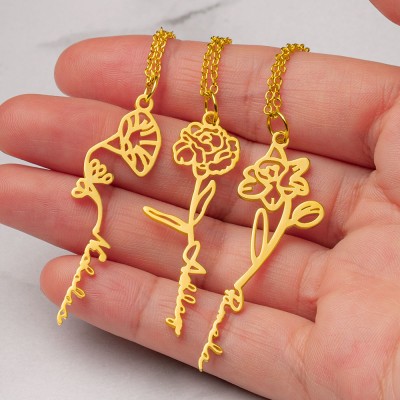 Collier Prénom Floral Personnalisé avec Fleur de Naissance Cadeau Pour Elle