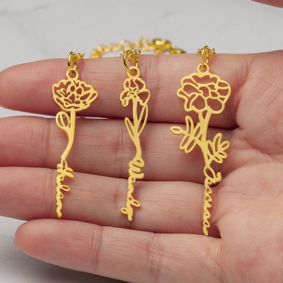 Collier Prénom Floral Personnalisé avec Fleur de Naissance Cadeau Pour Elle