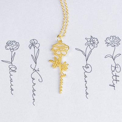 Collier Prénom Floral Personnalisé avec Fleur de Naissance Cadeau Pour Elle