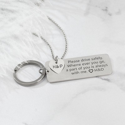 Drive Safe Ensemble collier et porte-clés personnalisés pour couple et petit ami