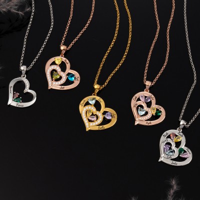 Collier coeur personnalisé avec 1-10 noms et pierres de naissance pour la fête des mères