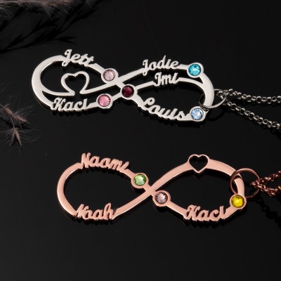 Collier infini personnalisé avec noms et pierres de naissance pour cadeau de fête des mères