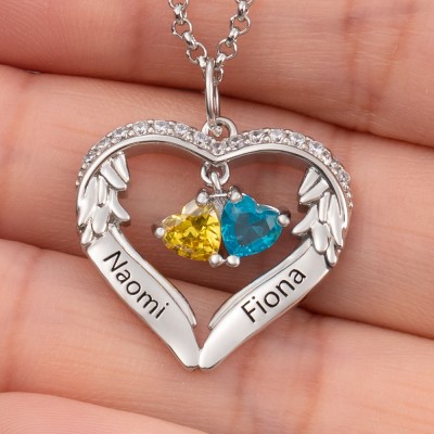 Collier Coeur Ailes d'Ange Personnalisé Avec 2 Prénoms et Pierre de Naissance Cadeau Saint Valentin