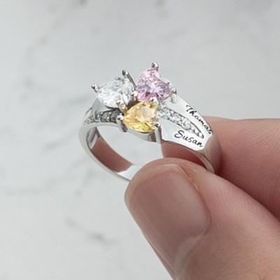 Bague en argent S925 avec pierres de naissance gravées en forme de cœur personnalisées avec 1-8 noms