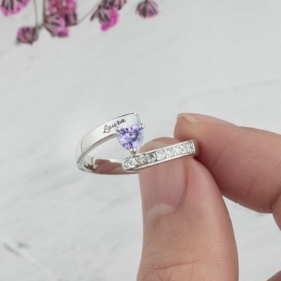 Bague en argent S925 avec pierres de naissance gravées en forme de cœur personnalisées avec 1-8 noms