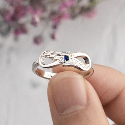 Bague Infinity Ailes d'ange personnalisées en argent sterling S925 avec pierres de naissance pour elle