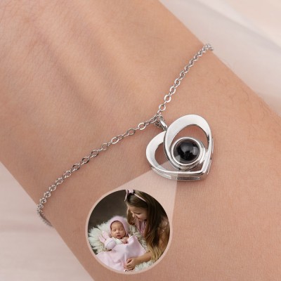 Bracelet à breloques cœur avec projection de photo commémorative personnalisée