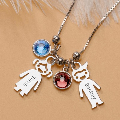 Argent personnalisé 1-12 enfants charmes pendentifs noms gravés collier avec pierre de naissance