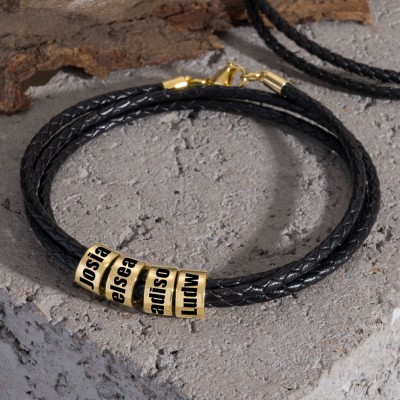 Bracelet en cuir noir personnalisé avec de petites perles d'argent cadeau d'anniversaire de Noël pour papa mari petit ami