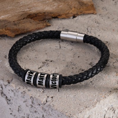 Bracelet noir personnalisé avec nom perles cadeau d'anniversaire de Noël pour papa mari petit ami