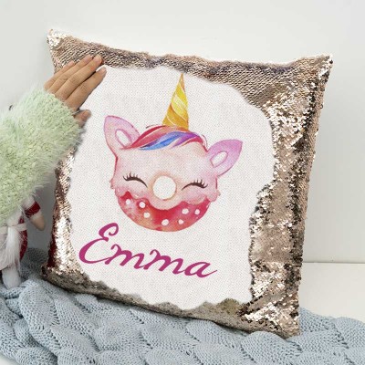 Cadeau d'anniversaire de fille d'oreiller de nom de sequin personnalisé